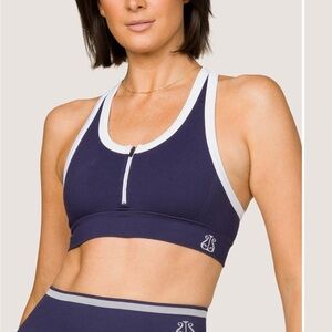 Alala Barre Zip Navy and White Sports Bra